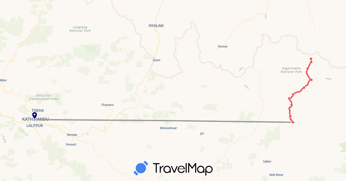 TravelMap itinerary: driving, plane, hiking in Nepal (Asia)