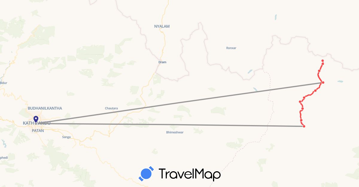 TravelMap itinerary: driving, plane, hiking in Nepal (Asia)